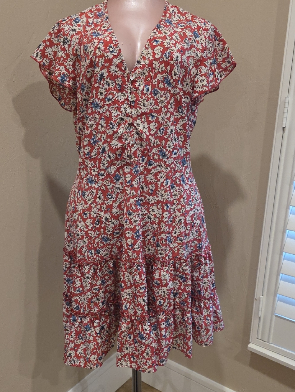 Red, blue white Floral Button-Front Tiered Summer Casual Dress